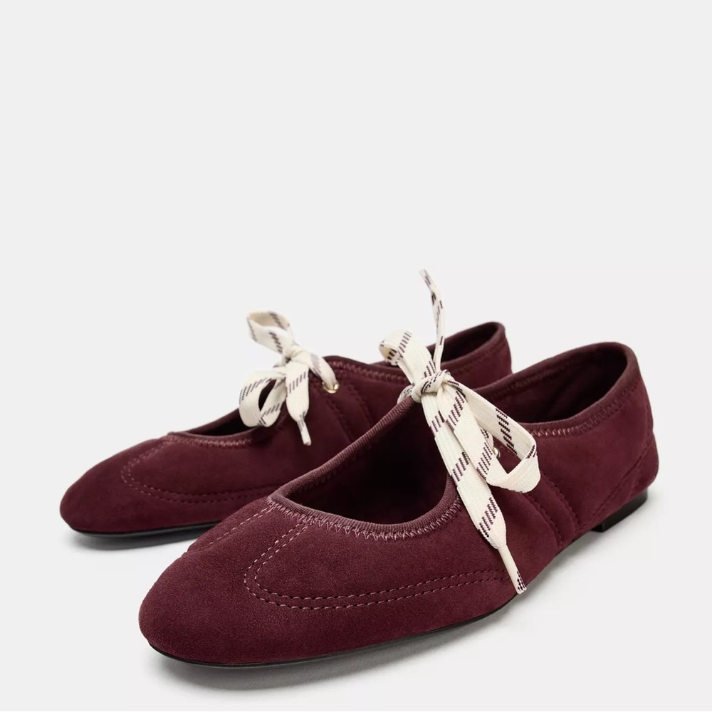 Zara Women's Maroon Suede Flats with Ribbon Detail